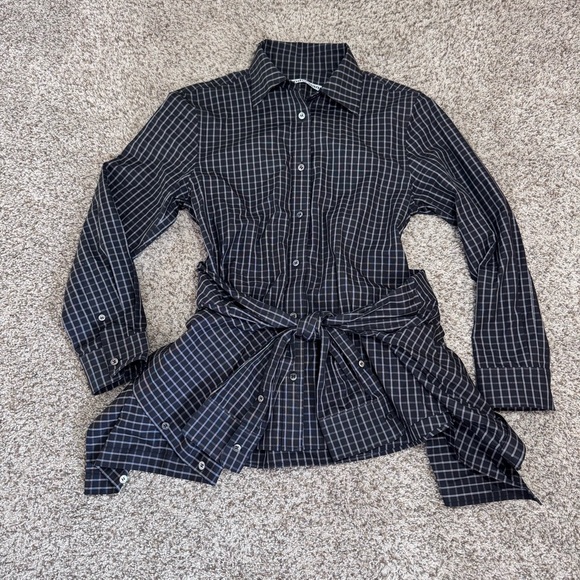 Alexander Wang Layered Checked Tie Front Poplin Shirt- S - Picture 4 of 8